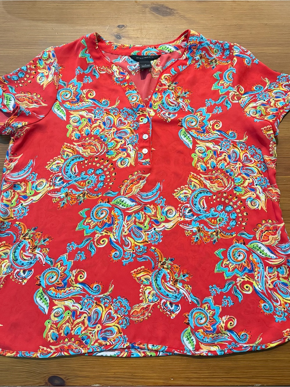 Investments Red Colorful Short Sleeve Blouse - Large